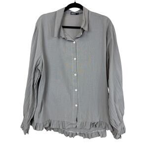 Izuria Grey Button Up Ruffled Linen Blend Long Sleeve Top XL